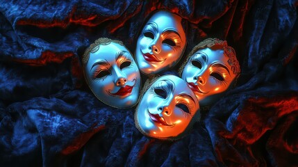 Masquerade of Identities: A cluster of four theatrical masks, adorned with enigmatic smiles, lay nestled in luxurious velvet, their expressions hinting at secrets and hidden identities.