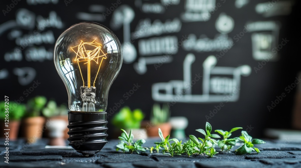 Poster creative light bulb concept with glowing filament on a rustic table, surrounded by greenery and a bl