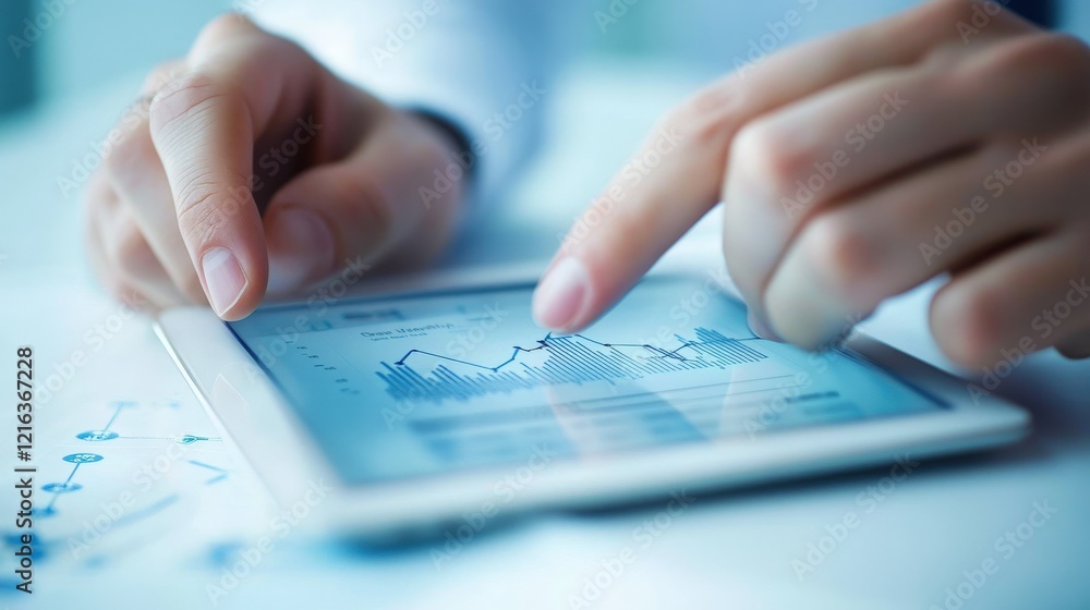 Poster Close-Up View of Hands Analyzing Financial Data on Tablet Screen with Graphs and Charts in Modern Business Environment for Stock Photo Use
