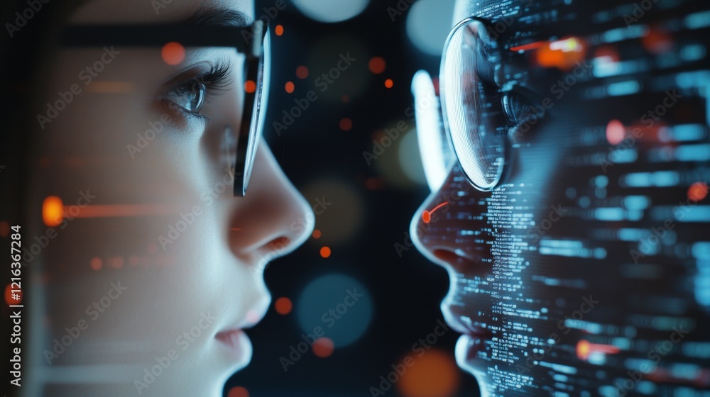 Poster close up of two faces bearing a digital data overlay, representing the connection between human inte