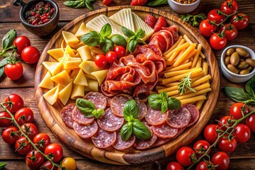 Fototapeta premium Italian Appetizer Board with Pasta, Salami, and Cherry Tomatoes - Gourmet Food Photography