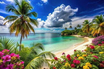 Fototapeta premium Jamaica beach escape: Stunning sunsets over turquoise waters, vibrant culture, and lush tropical paradise.