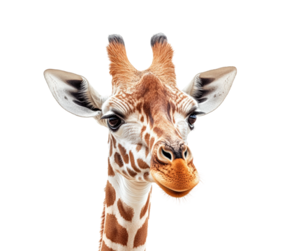 Giraffe with striking features and expressive eyes admires the camera in a lively encounter isolated on transparent background