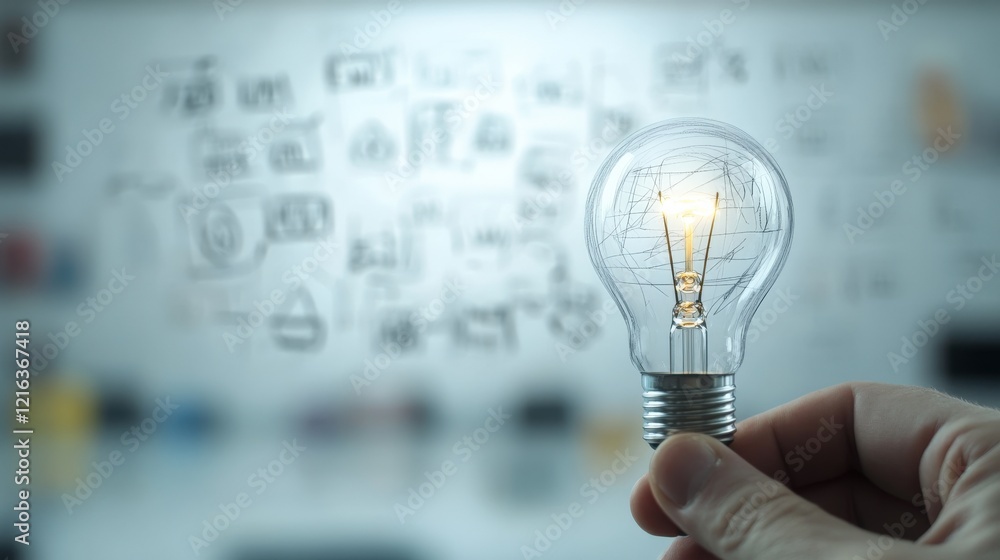 Poster bright idea and inspiration concept with light bulb in hand against creative background of drawings 