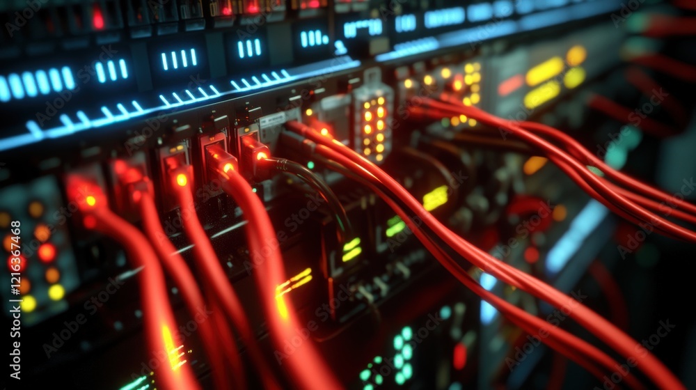 Aufkleber Abstract Close-Up of Server Rack with Colorful LED Lights and Connected Network Cables Displaying Modern Technology and Data Communication Infrastructure