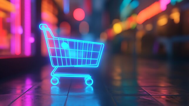 Neon Shopping Cart in a Vibrant Cityscape at Night
