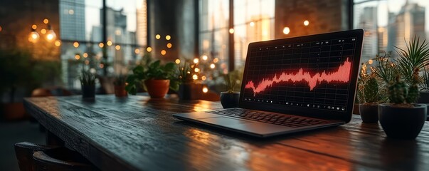 Modern workspace featuring a laptop with vibrant data visualization and greenery.