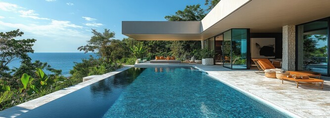 Luxury infinity pool with blue water and lush greenery overlooking the ocean