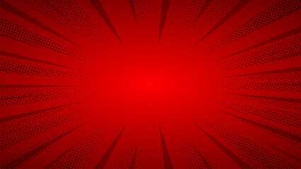 Fototapeta premium Red background with rays and halftone dots. Vector illustration.