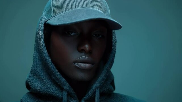 Close-up portrait of a young Black woman wearing a teal hoodie and baseball cap, looking directly at the camera.