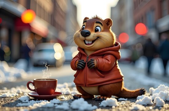 Groundhog Day. A groundhog on the streets of the city holds cups of coffee in his hands - Powered by Adobe