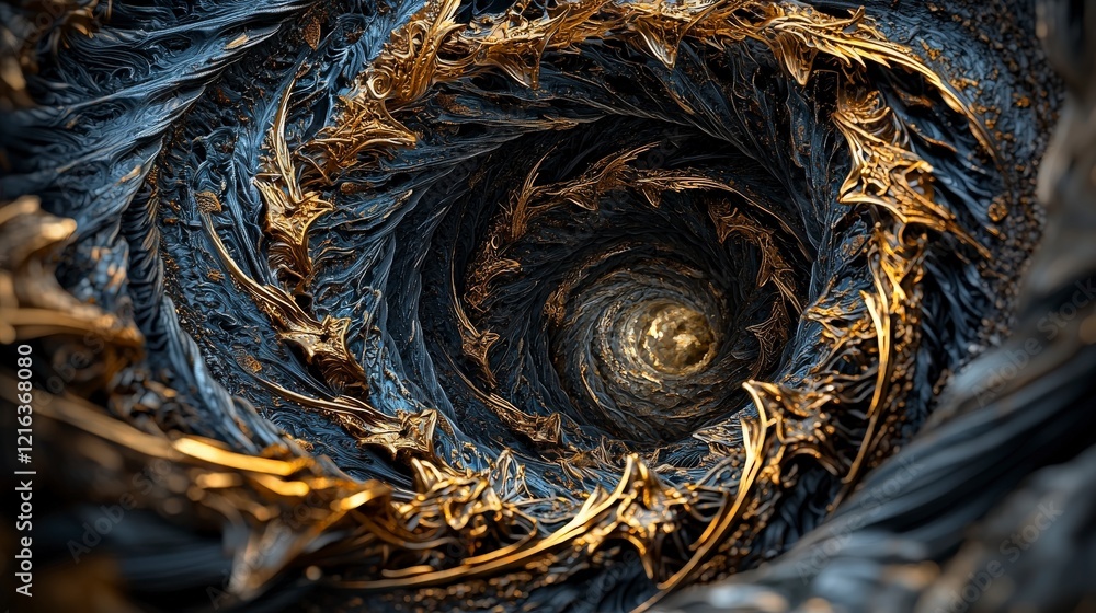 Poster swirling vortex of bronze and gold intensity abstract tunnel digital art fantasy realm close-up intr