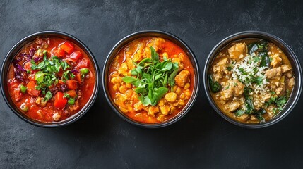 Three bowls of Indian curry dishes with chicken pieces in rich, creamy sauces.