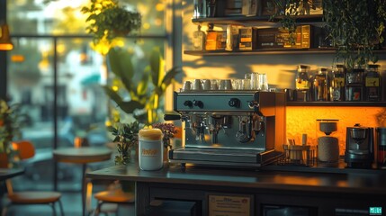 Fototapeta premium Expert Barista crafting a perfect Latte, frothing milk in a sleek stainless-steel jug within a warm, inviting coffee shop ambiance Delicious pastries and freshly baked bakery items are showcased