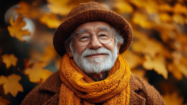 Smiling elderly man in a cozy scarf surrounded by autumn leaves.