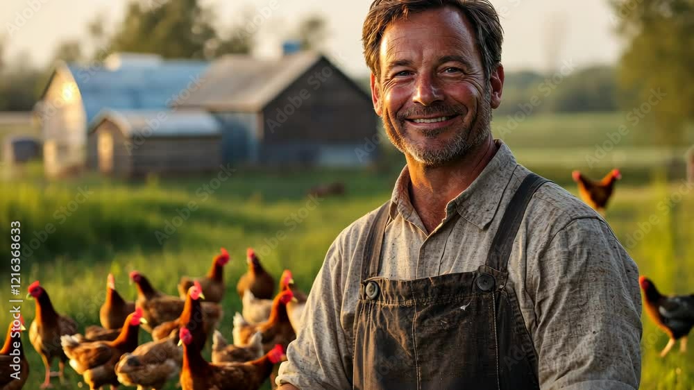 Poster man is smiling and standing in front of a group of chickens. concept of happiness and contentment, a
