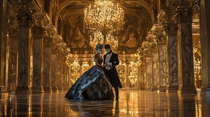 Masquerade Ball Romance: A couple in elegant masquerade attire stands in a grand ballroom, their masked faces hinting at mystery and romance. The opulent setting.