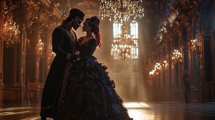Masquerade of Mystery: A couple in elegant attire, masked and mysterious, dance in a grand ballroom bathed in warm candlelight. The air is thick with anticipation.