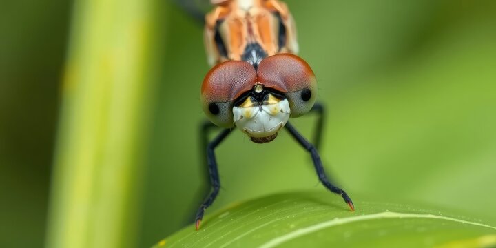 A close-up of a dragonfly's face on a leaf, natural history, butterfly, insect wings