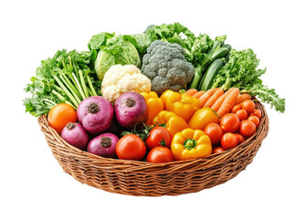 Vibrant harvest of fresh vegetables beautifully arranged in a woven basket showcasing nature's bounty isolated on transparent background