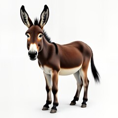 Brown donkey stands on white background. Animal looks directly at viewer. Farm animal on plain backdrop. Isolated nature subject. Ideal for farm zoo animal themes. Good for animal lovers, educational