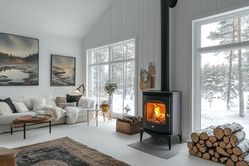 Cozy Winter Living Room with Fireplace, Snow View, and Wooden Accents