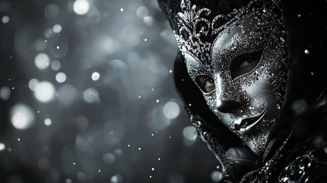 Venetian Masquerade Mystery: An enigmatic silver masquerade mask, adorned with intricate details, is the captivating focal point, shrouded in a dramatic dark atmosphere with bokeh effects.