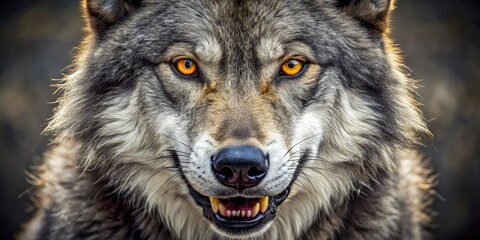 Fototapeta premium A close-up shot of a wolf's face with piercing yellow eyes and sharp teeth, mammal, wolf