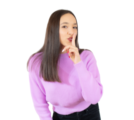 Pretty girl making silence gesture over transparent background. PNG transparent.