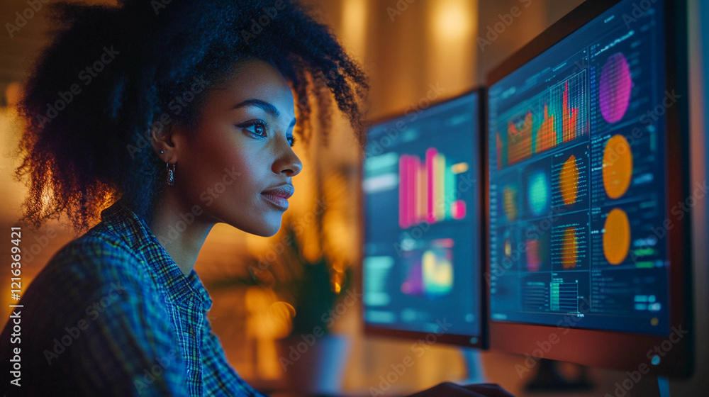Poster a woman sits in front of several large monitors that display graphs, charts, and code.