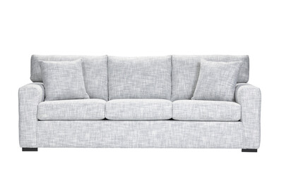 A sofa with pillows in a minimalist design with wooden legs + clipping path. The sofa is isolated on a White background.