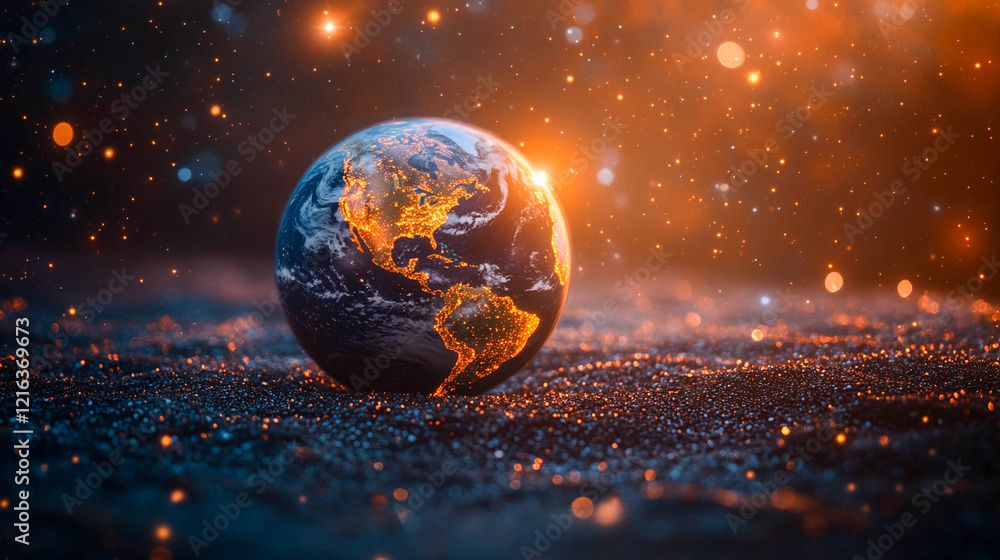 Aufkleber a model of the earth illuminated from the inside on a surface resembling dark sand or cosmic dust, c