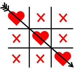 Tic-Tac-Toe hearts with Cupid's arrow, Valentine's love celebration. Cupid’s arrow, love, victory - hearts symbolizing connection. love and romance celebration.