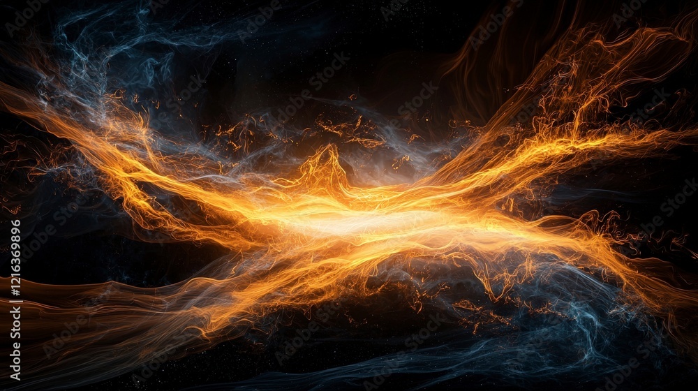 Poster Amber streaks of light slice through infinite black abstract art digital creation cosmic environment dynamic perspective