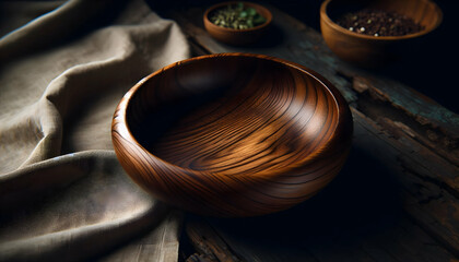 Food A close-up view of a round wooden plate with a natural, rustic look, sitting on a dark wooden surfac2