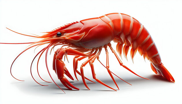 Food A close-up side view of a single red shrimp with its tail slightly open, emphasizing its segmented b2