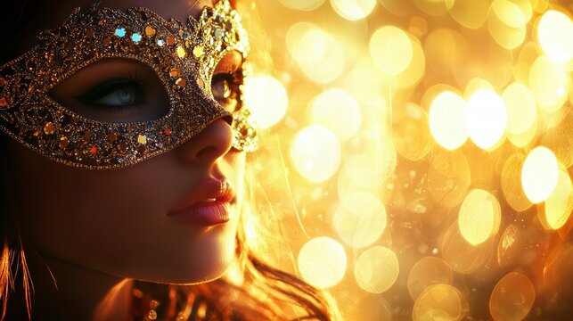 Mysterious Masquerade: A woman's face is partially obscured by an ornate, gold masquerade mask, set against a backdrop of warm, golden bokeh lights, creating an air of intrigue and elegance.