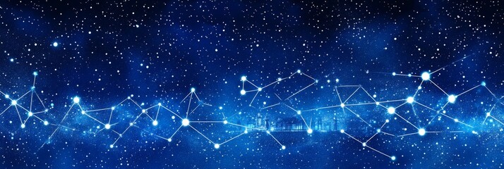 Fototapeta premium Blue Network Constellation on Starry Sky Connecting Distant Points with Lines and Glowing Dots