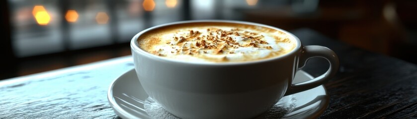 Indulge in the artistry of a perfectly crafted cappuccino, featuring intricate foam art Served in a modern aesthetic, this coffee and bakery delight offers an exquisite presentation Enjoy the rich