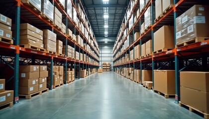 Large warehouse filled with many cardboard boxes. Pallets hold numerous products. Efficient storage, organized layout showcase great supply chain management. Modern facility shows high level of