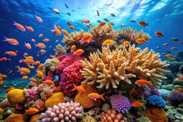 Obraz premium A colorful coral formation rises up from the seafloor, teeming with small fish and invertebrates that call it home, fish, coral formation, marine life, invertebrates, anemones
