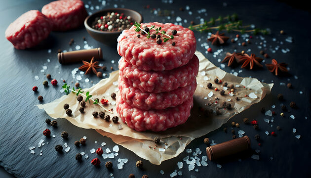 Food A close-up of four raw hamburger patties stacked on a dark slate surface, with pieces of parchment p2