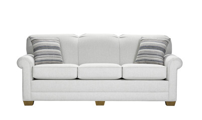 A sofa with pillows in a minimalist design with wooden legs + clipping path. The sofa is isolated on a White background.