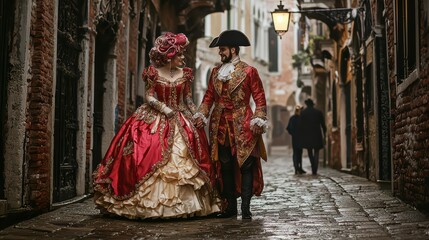Obraz premium Venetian Romance: A couple in exquisite 18th-century Venetian costumes strolls hand-in-hand down a charming cobblestone alley, their elegant attire and romantic ambiance creating a captivating scene.