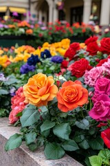 Vibrant Blooms in the City A Colorful Display of Petunias, Pansies, and Roses in Full Bloom