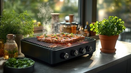 Portable electric grill with sizzling food and vibrant parsley on a countertop
