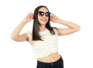 Obraz premium Happy young brunette woman wearing sunglasses isolated over transparent background. PNG transparent.