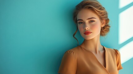 Fototapeta premium Professional woman in fitted mocha-brown dress poses confidently against blue backdrop
