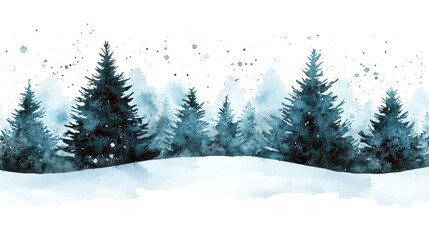 Fototapeta premium Watercolor Winter Forest Landscape Painting: Serene Snow Covered Trees, Peaceful Nature Scene