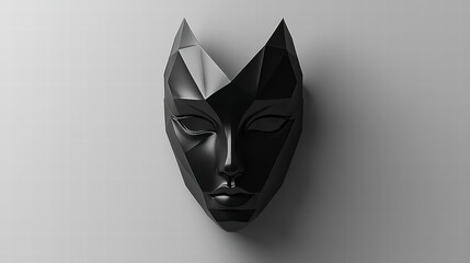 Mysterious Black Mask: A minimalist composition featuring a striking black mask with geometric features. The mask's sharp angles and dark silhouette create a sense of intrigue and mystery.